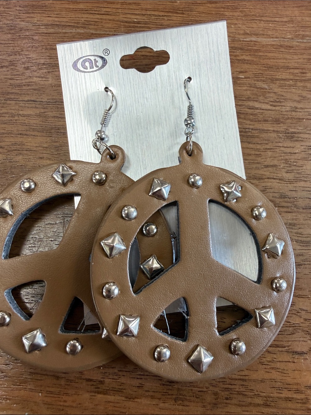 Brown Studded Peace Sign Dangle Earrings - Women’s Fashion Accessory